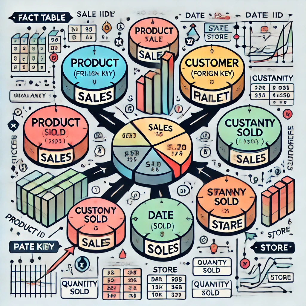 Star schema diagram with central fact table and surrounding dimension tables