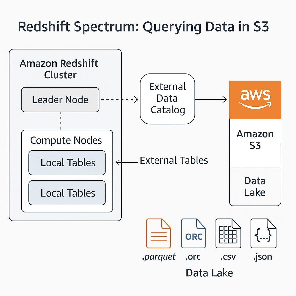 Redshift Spectrum architecture diagram showing Redshift cluster querying data stored in Amazon S3 via an external data catalog.